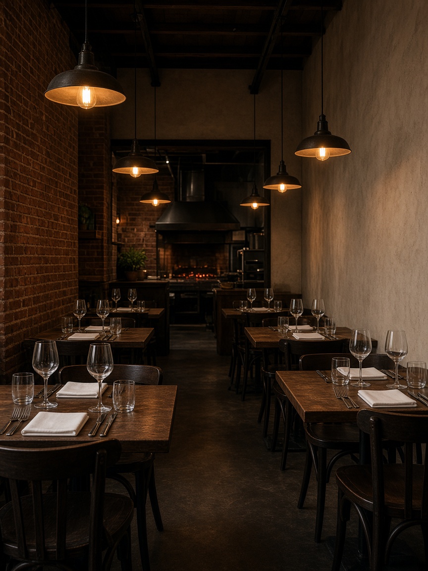 Salle de restaurant dressée, tables prêtes pour le service