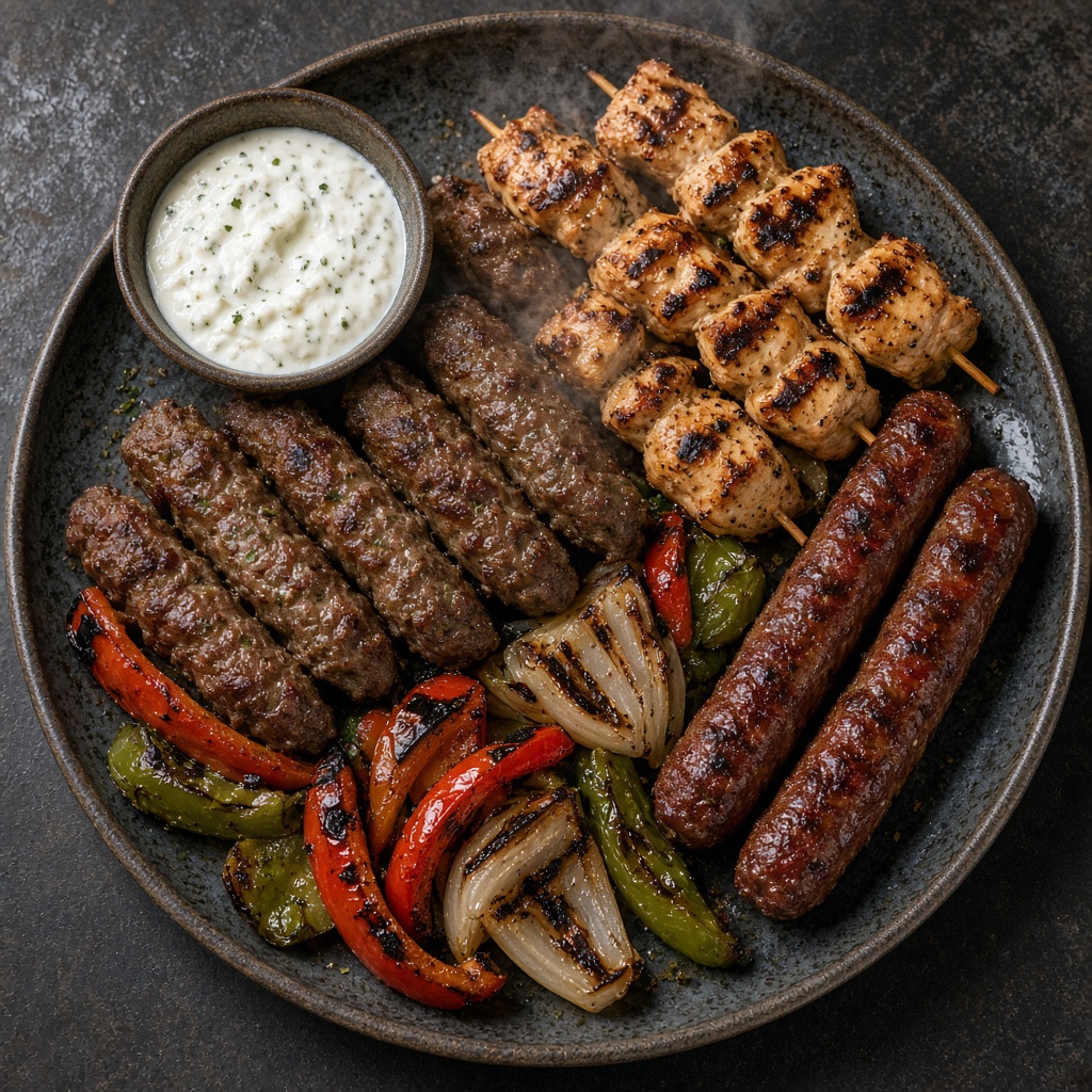 Assiette mixte : grillades et légumes, comme sur une carte digitale